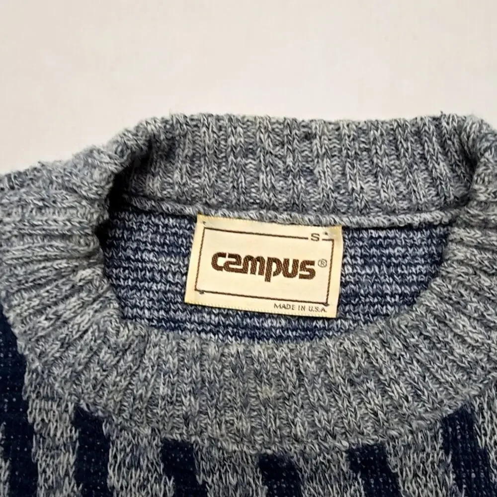 Vintage Checkered Pattern Sweater Campus Gray Blue Knit Mens Small 80s